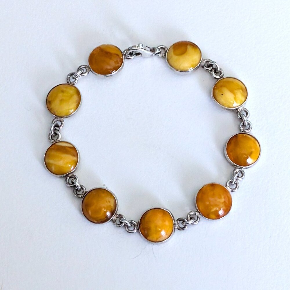 Vintage Sterling Silver 925 Baltic Butterscotch Egg Yolk Amber Bracelet